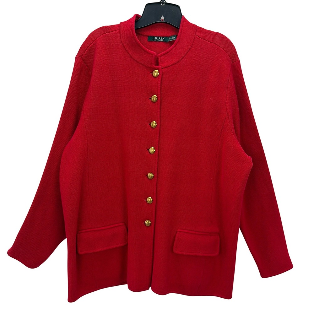 Lauren Ralph Lauren Red Knit Gold Crest Button Front Blazer Jacket 3X Pockets